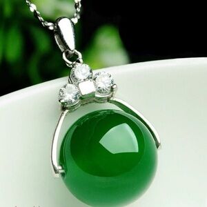 NATURAL Green Jadeite Jade Diamond Pendant Stamped 925 Sterling Silver Necklace